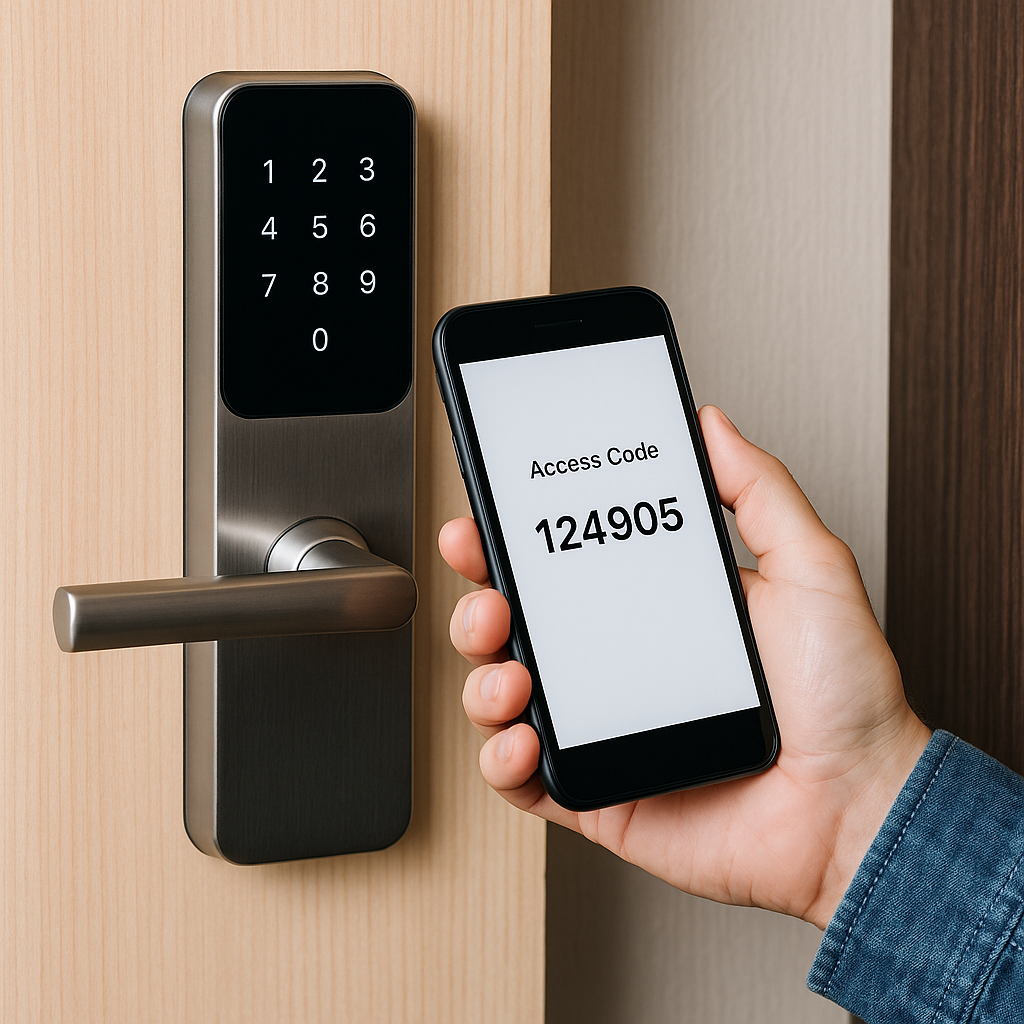 Persona che digita un codice su tastierino numerico per aprire una porta elettronica