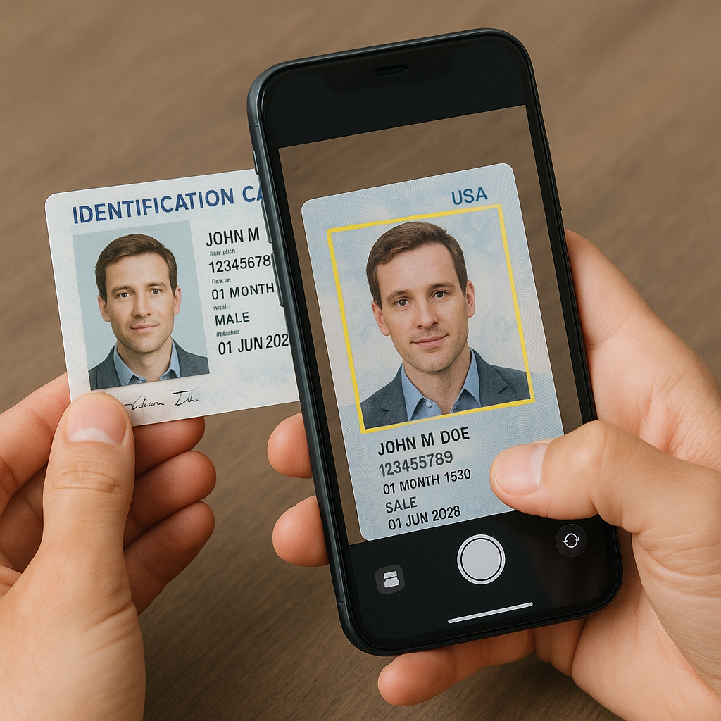 Persona che esegue la scansione del documento d’identità tramite smartphone per l’invio digitale alla polizia