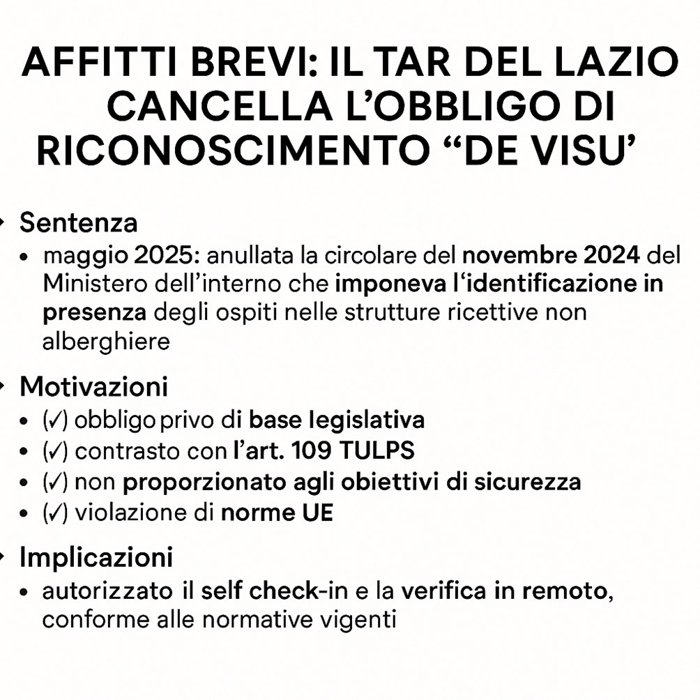 Stop all’identificazione fisica degli ospiti: il TAR Lazio accoglie il ricorso degli extralberghieri
